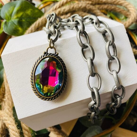 Antique Cable Link Rainbow Rhinestone Necklace - Picture 1 of 5